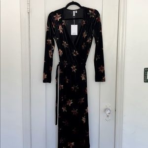 Velvet floral midi wrap dress